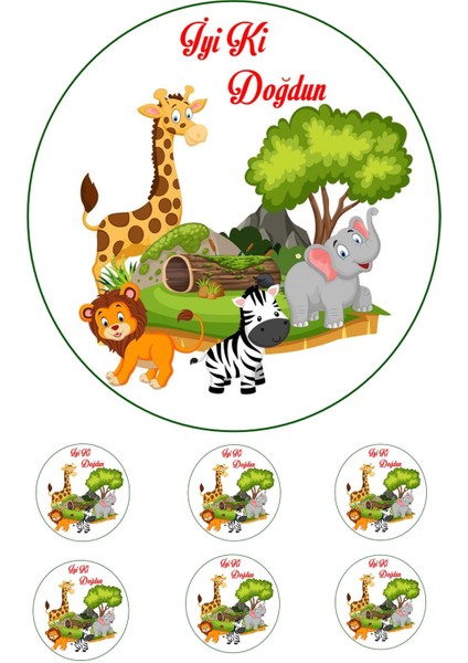 Yenilebilir Pasta Resmi Safari 6- 8- 10 Kişilik Pastaya Uygun