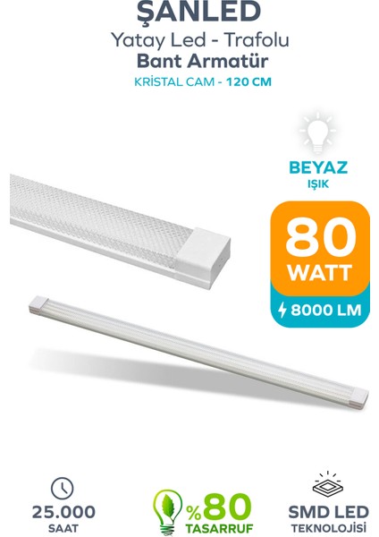 80 Watt 120 cm Kristal Yatay LED Bant Armatür-Trafolu Beyaz Işık -1-2-4-8-10-20-40-50-80-100 Adettir