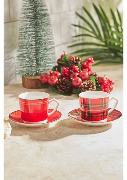 Kırmızı Ekose 2 Kişilik Kahve Fincanı Takımı 80 Ml, Şık ve Kullanışlıdır.