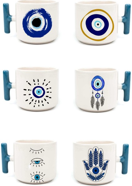 Renkli Göze Temalı 6'lı Fincan Seti, T-Kulp, Kahve ve Latte Için Ideal