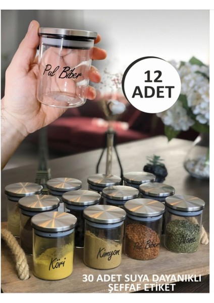 12’li 200ML Borosilikat Cam Baharatlık Seti, Metal Kapaklı Saklama Kabı