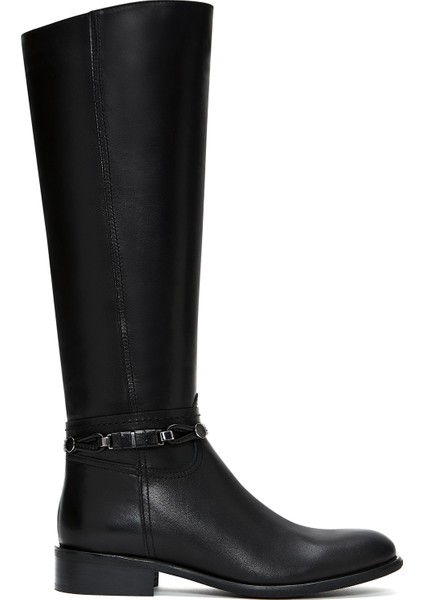 Kadın Siyah Fermuarlı Aksesuar Detaylı Deri Çizme 25WFD280618