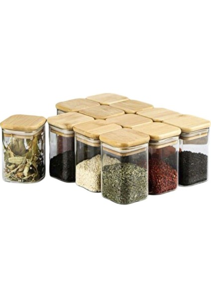 12'li Bambu Kapaklı Kare Baharatlık Kavanozlar, Vakumlu, Şık ve Kullanışlı 6X8CM Set fırsatları