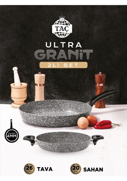 Gri 2'li Granit Tava ve Sahan Seti, Dayanıklı ve Şık Mutfak Gereçleri