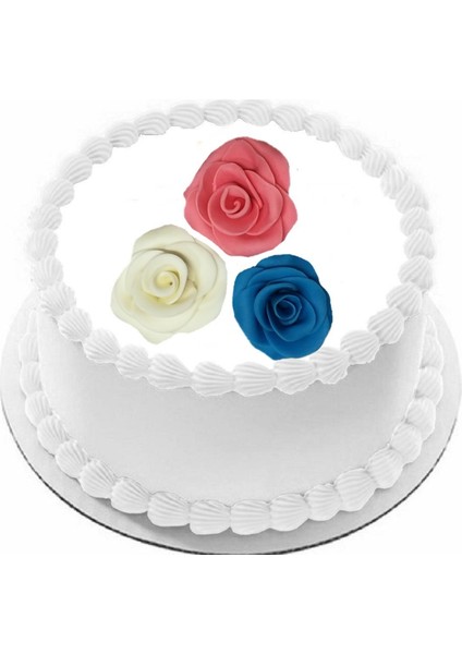 Yenilebilir Pasta Süslemesi Beyaz Pembe Mavi Şeker Hamurundan Gül 3 Adet Gelecek 4- 5 cm Ebatında
