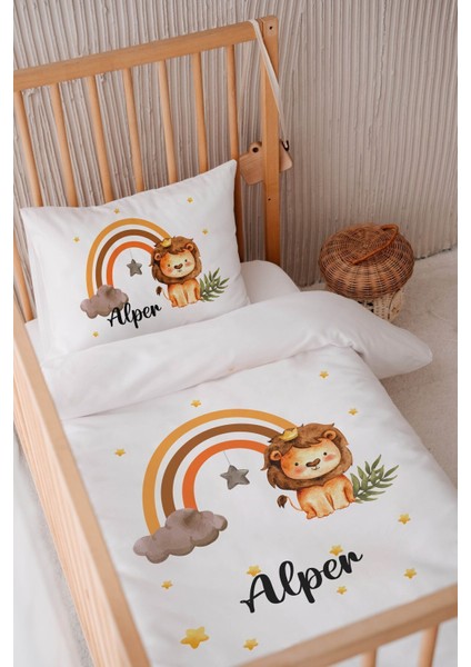 %100 Pamuk Saten Bebek Yatak Nevresim Seti, Isme Özel, Aslan Desenli, 100X150