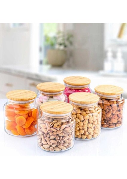6'lı Cam Saklama Kabı, Vakumlu, Bambu Kapak, 250ML, Sağlam ve Şık Tasarım