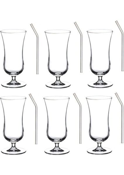 Turuncu Cam Pipetli Ayaklı Bardak, Limonata ve Kokteyl Sunum Kadehi, 6'lı Set