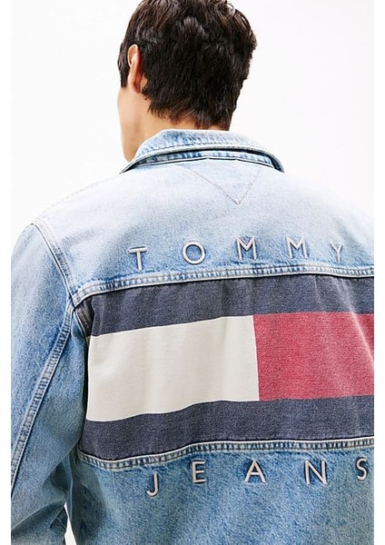 Erkek Ryan Back Logolu Kot Kamyoncu Ceketi - Açık Mavi indirimleri