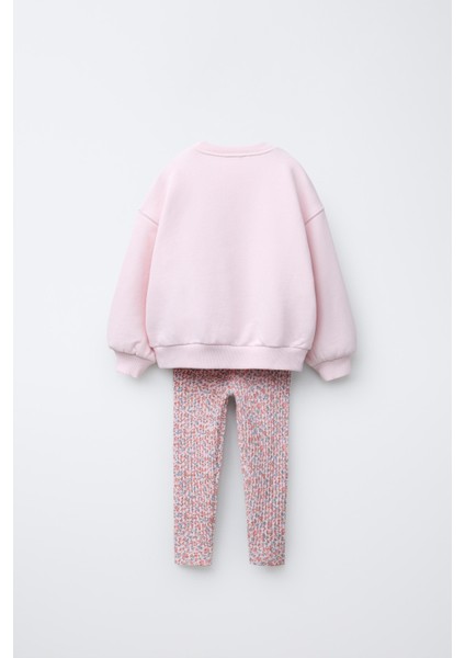 Kız Çocuk Pamuklu Pembe Fiyonk Desenli Sweatshirt ve Çiçek Desenli Tayt Takım fiyatları