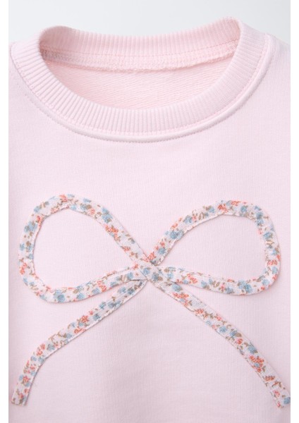 Kız Çocuk Pamuklu Pembe Fiyonk Desenli Sweatshirt ve Çiçek Desenli Tayt Takım modelleri