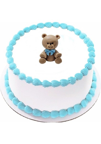 Şeker Hamurundan Pasta Tamamlayıcı Süs Mavi Fiyonklu Ayıcık Modeli