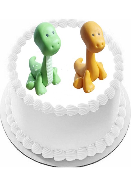 Şeker Hamurundan Turuncu ve Yeşil Renk Sevimli Dinazorlar Pasta Süsü 7X10 cm Ebat 2 Adet Gelecek