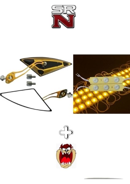 Cg Cup Scooter Motosiklet Gold Üçgen Ayna + 2 Adet Turuncu LED Seti Modifiye +Tzmanya