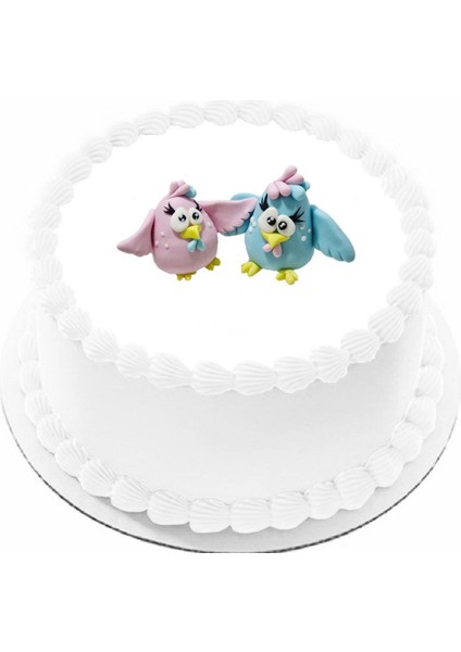 Şeker Hamurundan Pasta Tamamlayıcı Süs Mavi Pembe Kuş Modelli Figür Cinsiyet Partisi