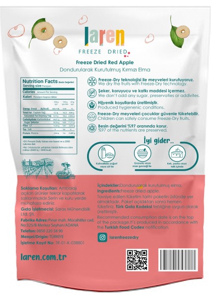 Elma 3 Lü- Dondurularak Kurutulmuş Meyve - Freeze Dry Kuru Meyve 20gr-3'lü modelleri