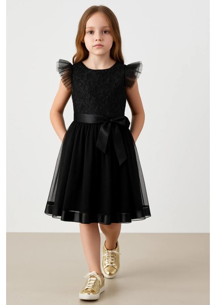 Kız Çocuk Elbise Siyah Elbise Tüllü Pul Işlemeli Abiye Elbise Rahat ve Şık Doğum Günü Elbise 4-8 Yaş