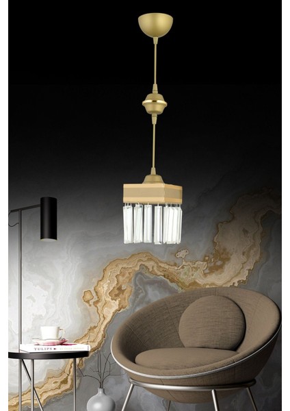 Şık Sarkıt Kristal Taşlı Sarı Şeritli Kare Avize