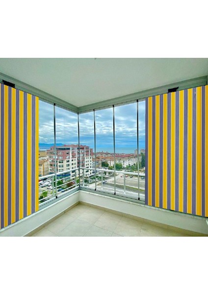 Balkon Perdesi Kuş Gözü Ölçü Seçenekli Sarı Gri Çizgili