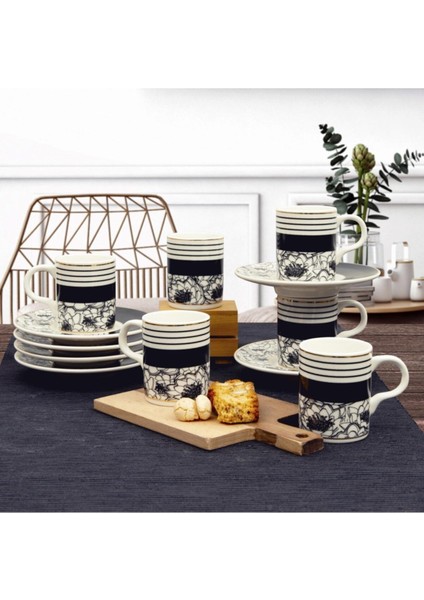 12 Parça Türk Kahvesi Fincan Takımı, 6 Kişilik, Siyah, Şık ve Zarif Tasarım