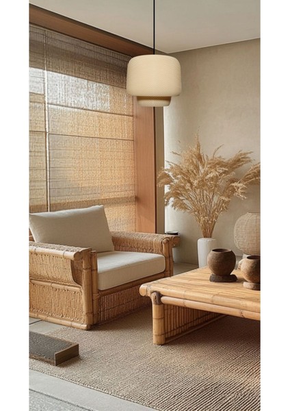 Şık Hasır Renk Rattan Görünümlü Sarkıt Avize, E27 Bioplastik Tasarım modelleri