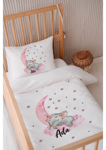 %100 Pamuk Saten Bebek Yatak Nevresim Takımı 100X150 Fil Desenli Beyaz