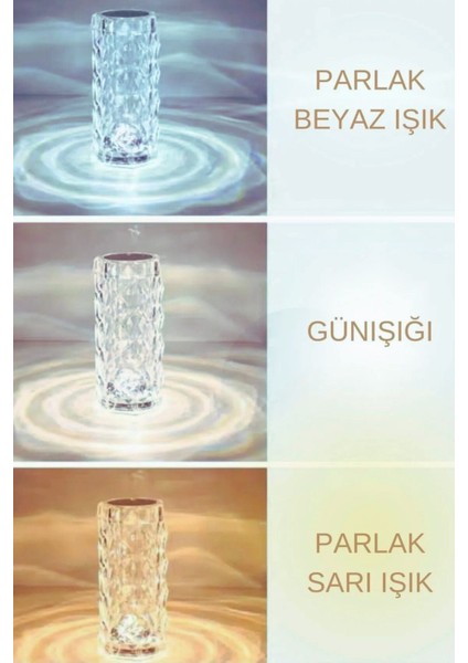 Şarjlı LED Masa Lambası, Dokunmatik, 3 Renkli, Akrilik, Kristal Tasarım