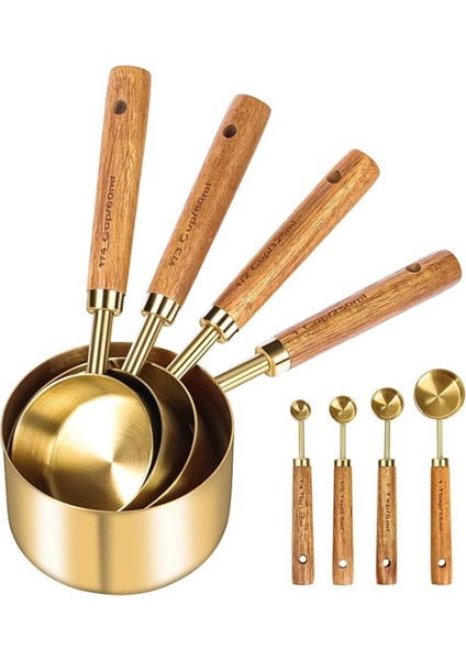 8 Adet Ahşap Saplı Paslanmaz Çelik Ölçüm Kabı, Kuru ve Sıvı Ölçüm Seti, Sarı Renk