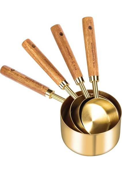 8 Adet Ahşap Saplı Paslanmaz Çelik Ölçüm Kabı, Kuru ve Sıvı Ölçüm Seti, Sarı Renk fiyatları