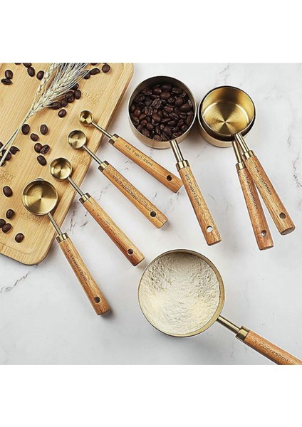 8 Adet Ahşap Saplı Paslanmaz Çelik Ölçüm Kabı, Kuru ve Sıvı Ölçüm Seti, Sarı Renk modelleri