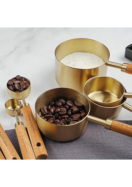 8 Adet Ahşap Saplı Paslanmaz Çelik Ölçüm Kabı, Kuru ve Sıvı Ölçüm Seti, Sarı Renk indirimleri