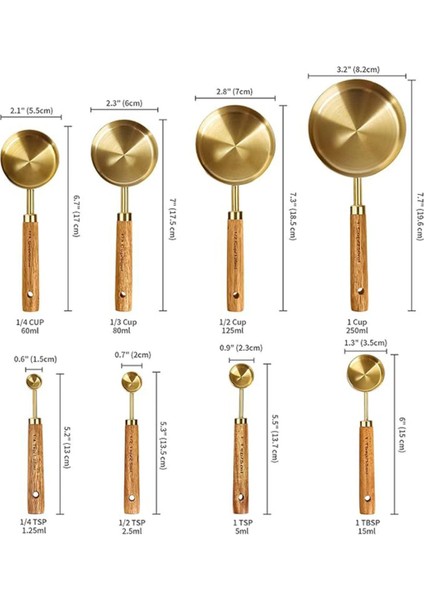 8 Adet Ahşap Saplı Paslanmaz Çelik Ölçüm Kabı, Kuru ve Sıvı Ölçüm Seti, Sarı Renk