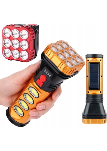 Güneş Enerjili Şarjlı 9+4 Ledli El Feneri 4 Watt LED Göstergeli Büyük Boy