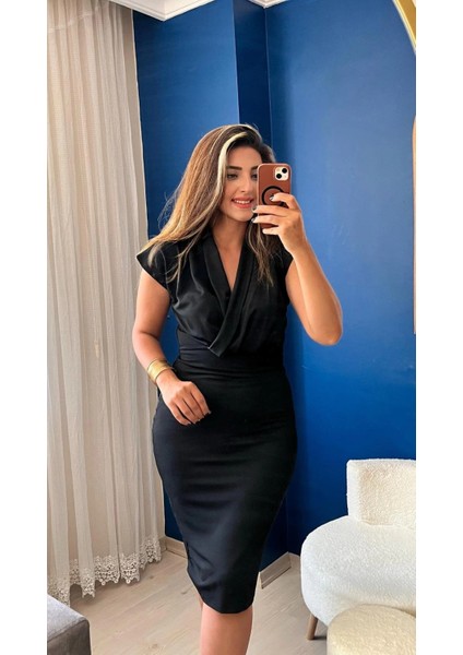 Kadın Kısa Kollu Kruvaze Yaka Krep Elbise (Kemersiz) modelleri