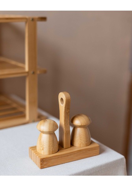 Bambu Standlı Mantar Tuzluk ve Biberlik Takımı, Şık ve Kullanışlı Mutfak Aksesuarı