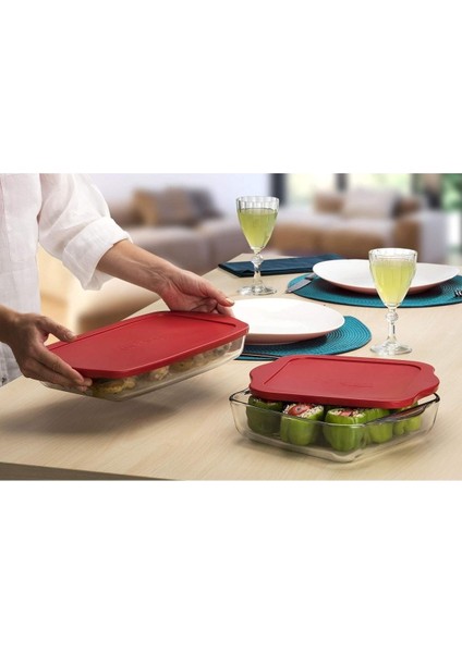 Kapağıyla Saklama ve Fırınlama Için 2'li Borcam Tepsi Seti Kırmızı