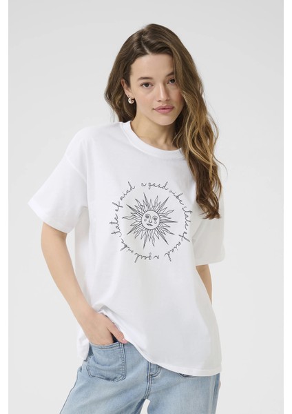 Trend Kadın Tişört - %100 Pamuk Güneş Baskılı Oversize Beyaz