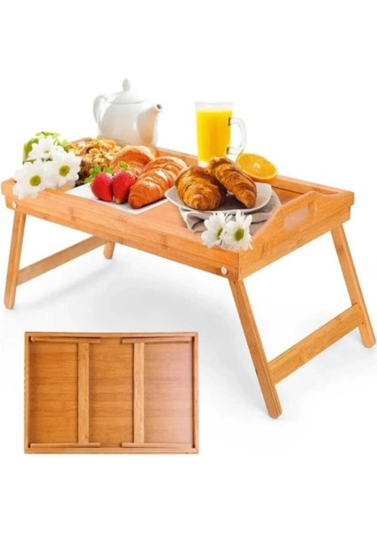 Kahverengi Katlanabilir Ayaklı Yatak Keyfi Tepsisi, Pratik ve Şık Kullanım Sağlar.