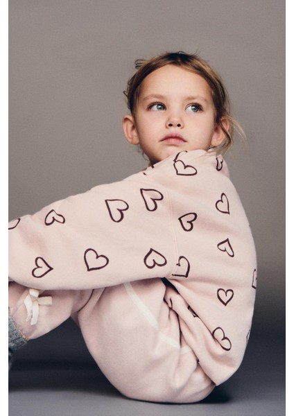 Kız Çocuk Pamuklu Pembe Kalp Desenli Sweatshirt ve Eşofman Altı Takım