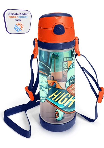 Neon Turuncu Kaykay Desenli Pipetli Çelik Termos 500 Ml, Şık ve Dayanıklı Seçim