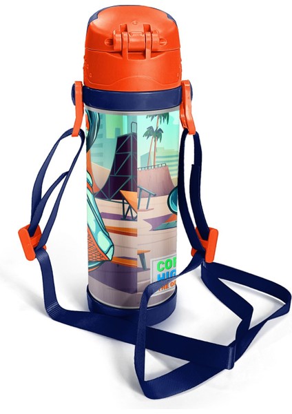 Neon Turuncu Kaykay Desenli Pipetli Çelik Termos 500 Ml, Şık ve Dayanıklı Seçim modelleri