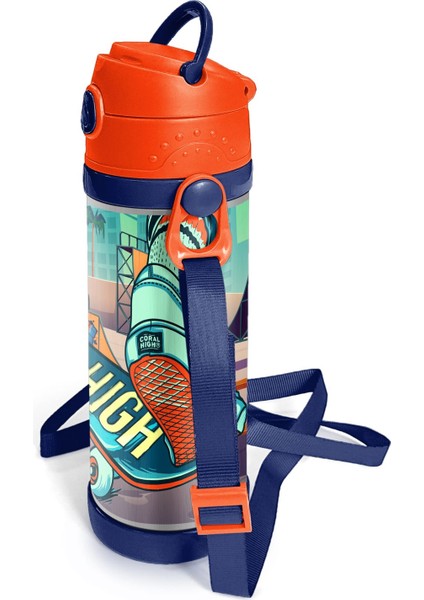 Neon Turuncu Kaykay Desenli Pipetli Çelik Termos 500 Ml, Şık ve Dayanıklı Seçim fırsatları