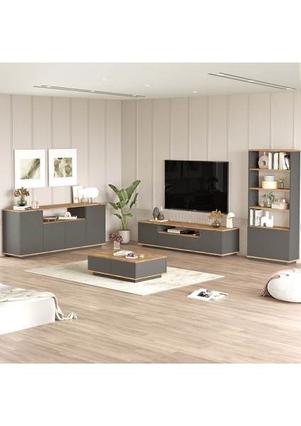 Aven Tv Ünitesi Orta Sehpa Konsol Kitaplık 4'lü Set Çam-Antrasit AVE19-AA