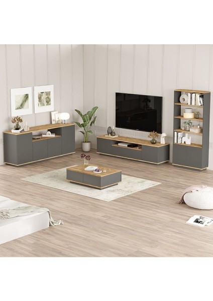 Aven Tv Ünitesi Orta Sehpa Konsol Kitaplık 4'lü Set Çam-Antrasit AVE19-AA fiyatları