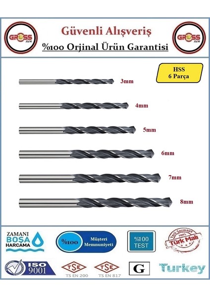 Metal ve Ahşap Delici Matkap Ucu - 6 Adet - 3,4,5,6,7,8mm