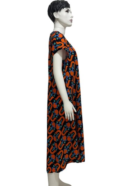 Turuncu Desenli V Yaka Salaş Yazlık Elbise – Asimetrik Kesim 38-50 Beden Uyumlu