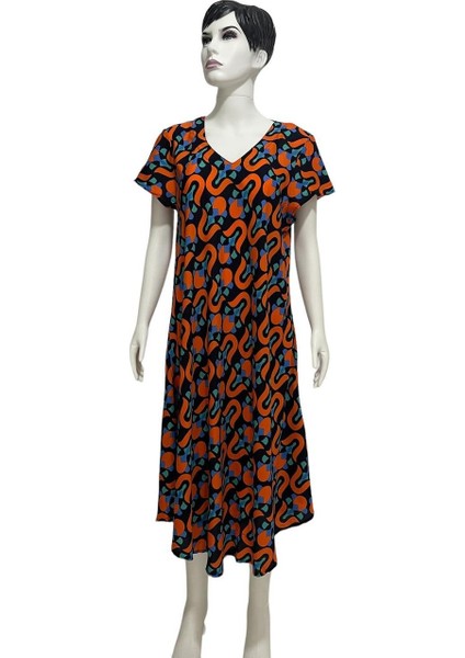 Turuncu Desenli V Yaka Salaş Yazlık Elbise – Asimetrik Kesim 38-50 Beden Uyumlu