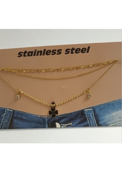 Kadın Siyah Mineli Yonca Detaylı Çelik Bel Zinciri