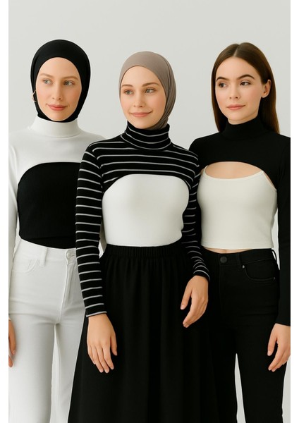 Mırach 3'lü Paket Dik Yaka Boyunluklu Kolluk Seti - Çizgili, Siyah ve Beyaz | Tesettür Bluz