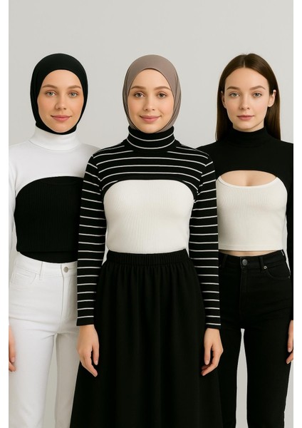 Mırach 3'lü Paket Dik Yaka Boyunluklu Kolluk Seti - Çizgili, Siyah ve Beyaz | Tesettür Bluz fiyatları